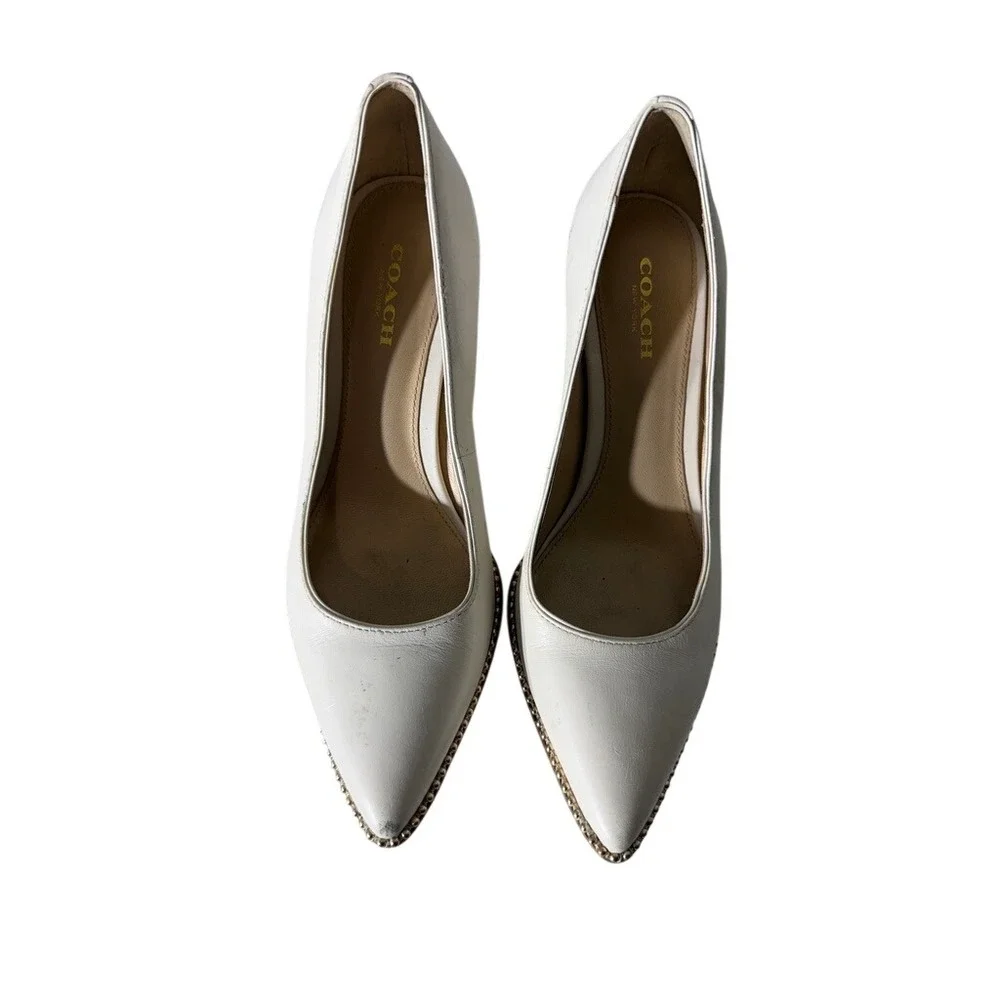 Coach White Leather Pointed Toe Pumps Gold Bead Trim Stiletto Heels Womens 6B